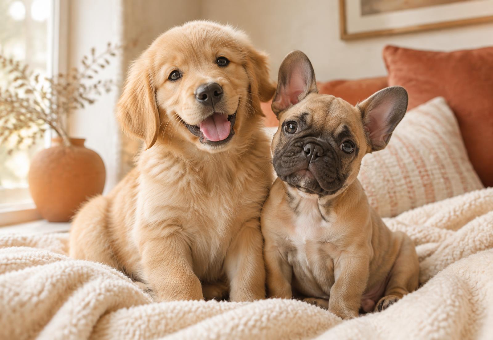 Golden retriever and French bulldog puppies
